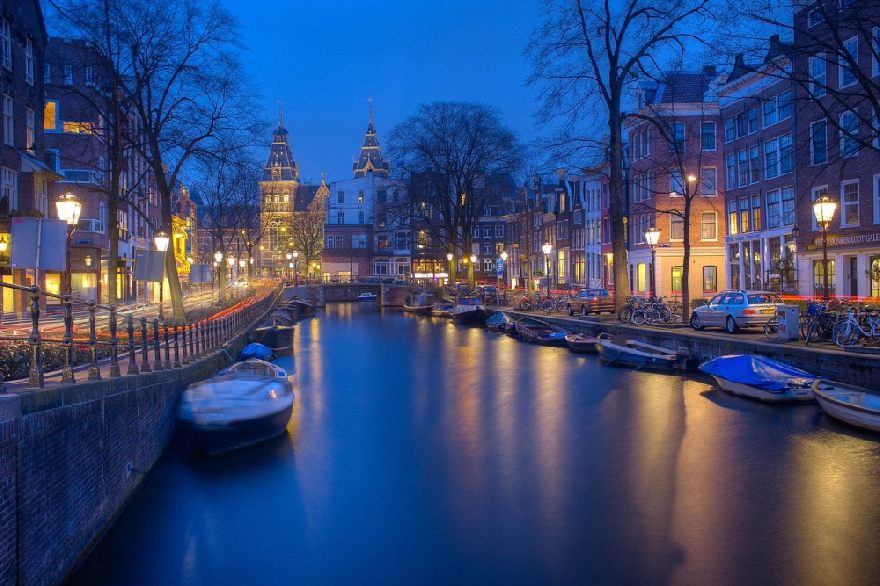 Amsterdam canal at night.